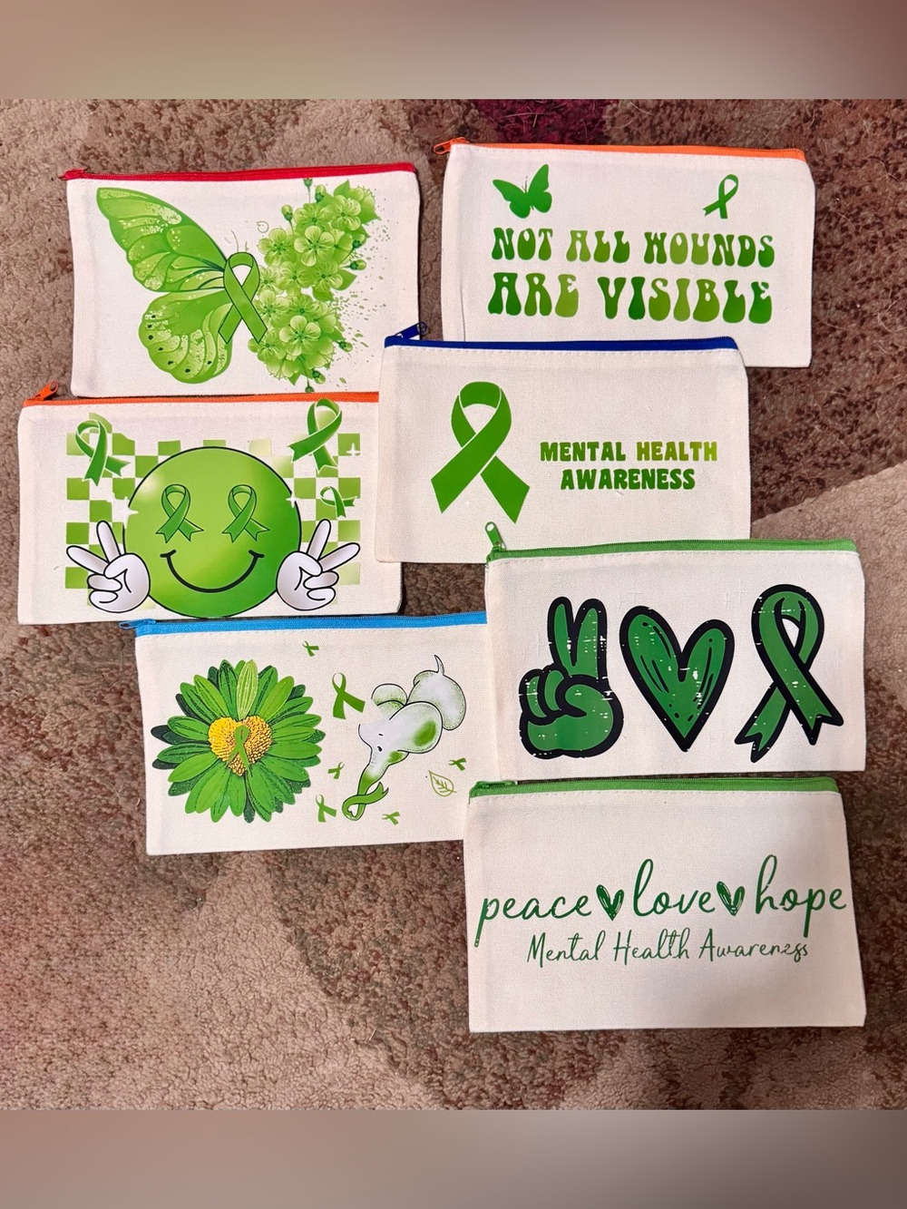 Mental Health Awareness Canvas Zip top makeup bags various sayings
